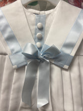 Load image into Gallery viewer, Charlie christening romper with blue satin trim and hat.
