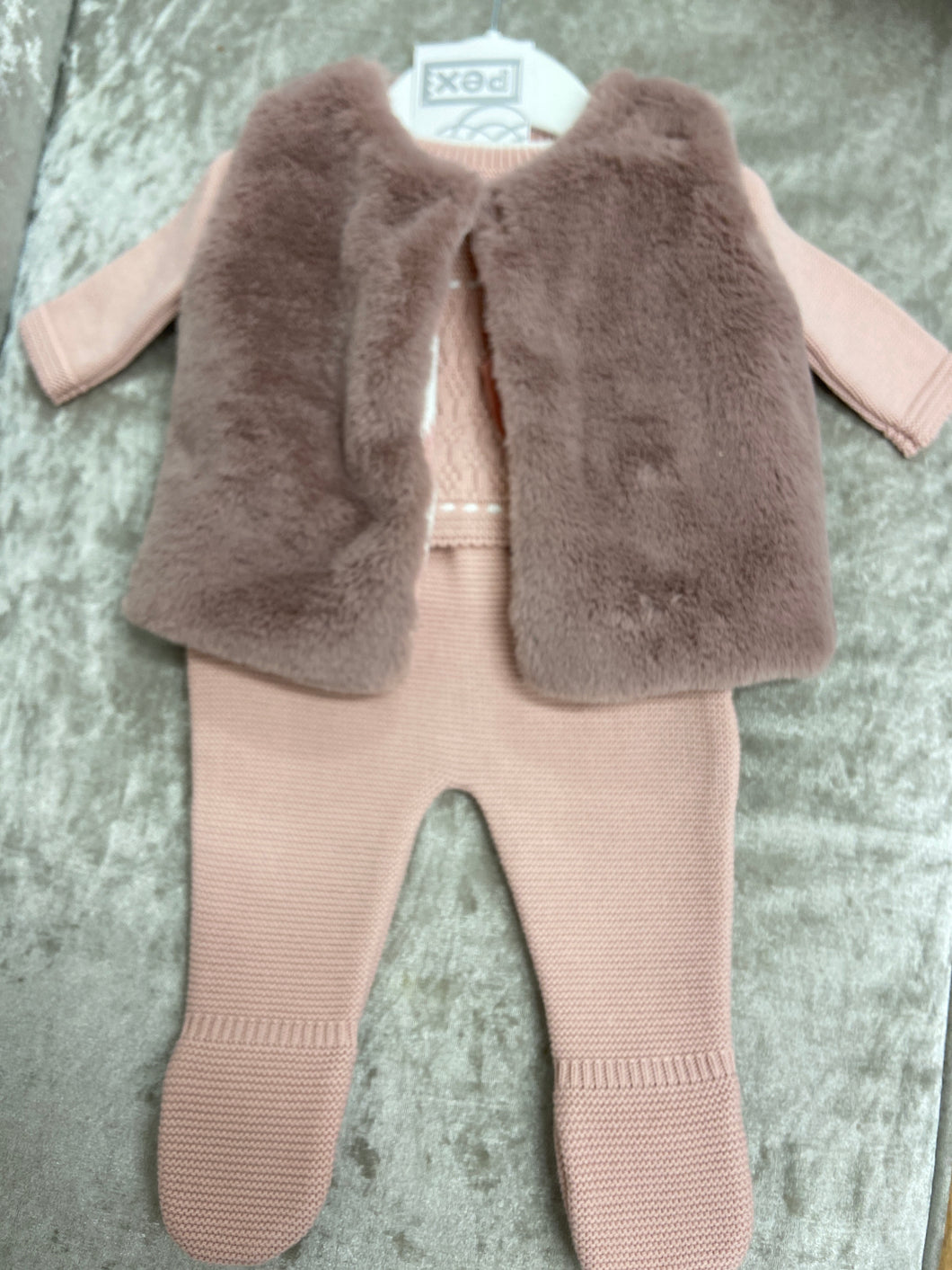 PEX baby girl 3 piece dusky pink knitted set with fur gilet. - Chloe.