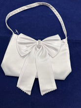 Load image into Gallery viewer, Girls white satin communion bag with long tail bow and pearls cb114
