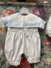 Load image into Gallery viewer, Charlie christening romper with blue satin trim and hat.
