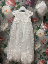 Load image into Gallery viewer, Crystal Christening Gown with matching bonnet, ivory/ off white.
