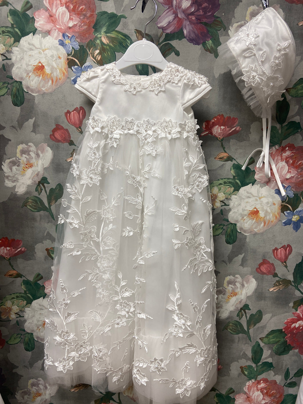 Crystal Christening Gown with matching bonnet, ivory/ off white.