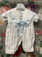 Load image into Gallery viewer, Charlie christening romper with blue satin trim and hat.
