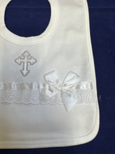 Load image into Gallery viewer, Christening bib, white with lace and satin trim and silver embroidered cross
