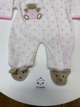 Load image into Gallery viewer, PEX polka dot teddy sleepsuit with pink trim
