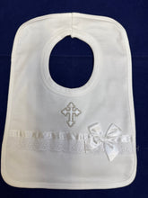 Load image into Gallery viewer, Christening bib, white with lace and satin trim and silver embroidered cross
