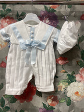 Load image into Gallery viewer, Charlie christening romper with blue satin trim and hat.
