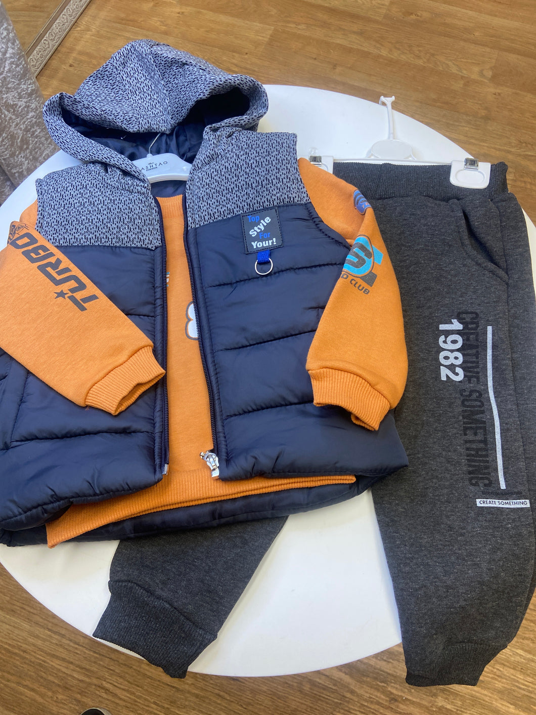 Hashtag 3 piece boys set, track bottoms sweatshirt and hooded gilet - 243836