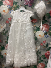Load image into Gallery viewer, Crystal Christening Gown with matching bonnet, ivory/ off white.
