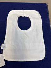 Load image into Gallery viewer, Christening bib, white with lace and satin trim and silver embroidered cross
