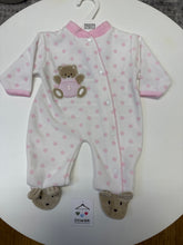 Load image into Gallery viewer, PEX polka dot teddy sleepsuit with pink trim
