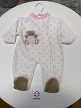 Load image into Gallery viewer, PEX polka dot teddy sleepsuit with pink trim

