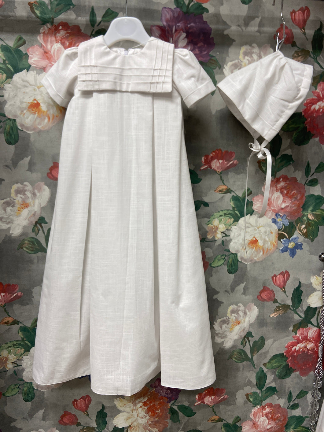 Ben - white linen look sailor style Christening Gown with matching bonnet, for baby boy or baby girl.