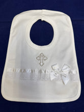 Load image into Gallery viewer, Christening bib, white with lace and satin trim and silver embroidered cross
