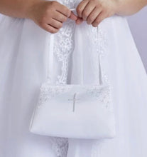 Load image into Gallery viewer, Girls white satin communion bag with pearl cross - Charlotte cb050

