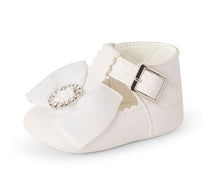 Load image into Gallery viewer, Baby Girl white pleather shoes with bow and diamanté detail - Millie Evie

