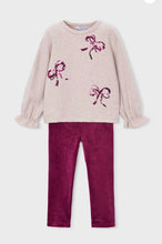 Load image into Gallery viewer, Mayoral older girl sweatshirt with sequin bows and velour leggings set 4737
