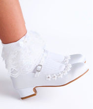 Load image into Gallery viewer, Betty white satin heeled shoe with diamanté flower trim
