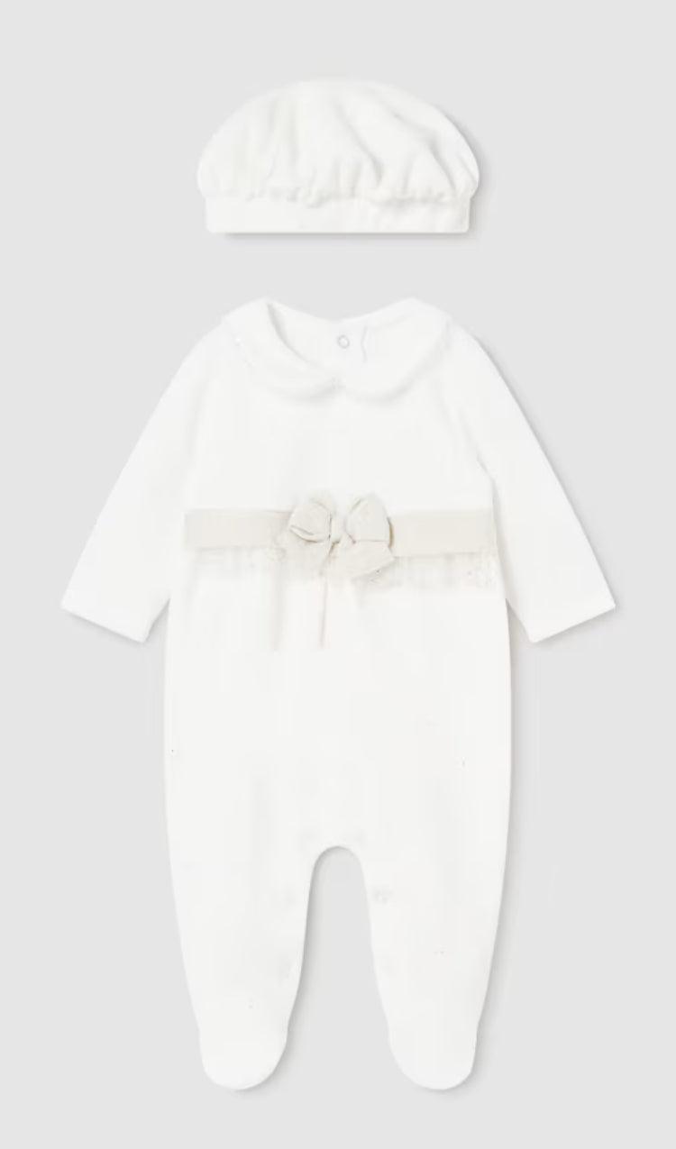 Mayoral baby girl ivory velour romper with matching beret 2782