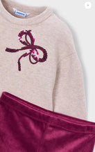 Load image into Gallery viewer, Mayoral older girl sweatshirt with sequin bows and velour leggings set 4737
