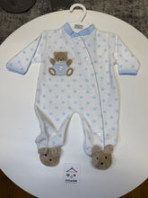 Load image into Gallery viewer, Pex polka dot teddy bear sleepsuit with blue trim
