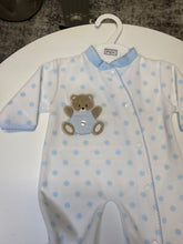 Load image into Gallery viewer, Pex polka dot teddy bear sleepsuit with blue trim
