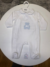 Load image into Gallery viewer, Pex polka dot teddy bear sleepsuit with blue trim
