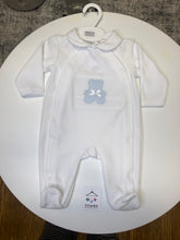 Load image into Gallery viewer, Pex polka dot teddy bear sleepsuit with blue trim
