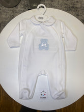Load image into Gallery viewer, Pex polka dot teddy bear sleepsuit with blue trim
