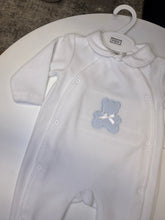 Load image into Gallery viewer, Pex polka dot teddy bear sleepsuit with blue trim
