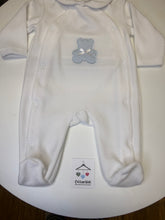 Load image into Gallery viewer, Pex polka dot teddy bear sleepsuit with blue trim
