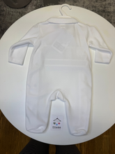 Load image into Gallery viewer, Pex polka dot teddy bear sleepsuit with blue trim
